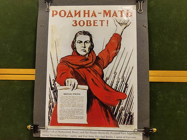 Soviet war posters on display at Gorky Sadan's Victory Day celebration