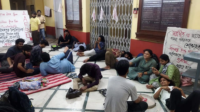 Students of Jadavpur University staged a sit-in demonstration against ragging on the campus. Photo: Special arrangement