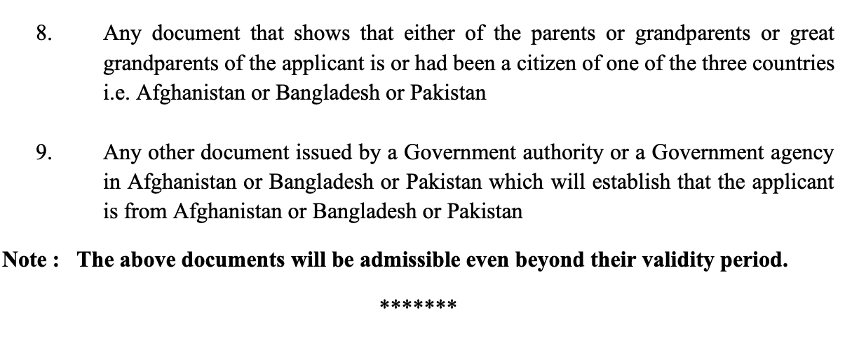 Documents required for citizenship under CAA 2019.