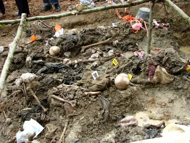 The photo shows the exhumed remains of the victims of Srebrenica genocide.